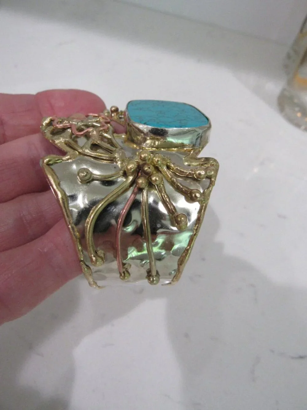 NEW Brutalist Mixed Metal Wrist Turquoise Cuff
